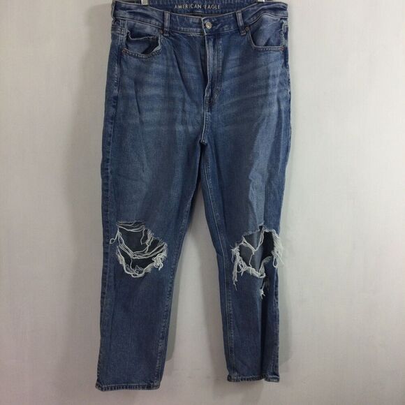 American Eagle Womens Strigid Ripped Knees Mom Denim Jeans Blue Size 14 Short - Picture 9 of 9